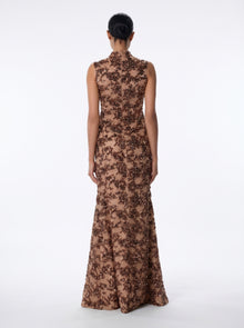Sultana Chocolate Sequin Lace Column Gown with Cape