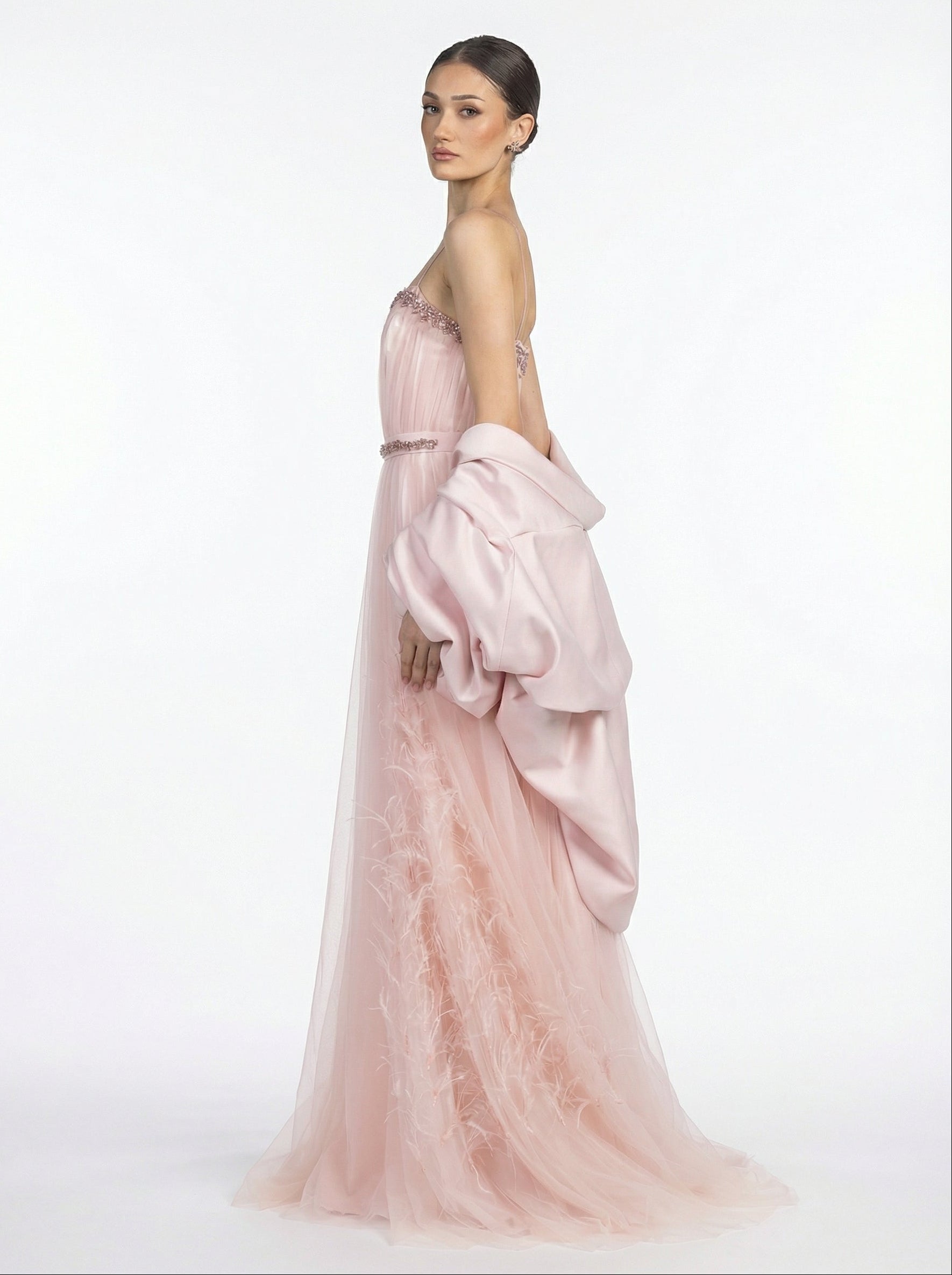 Miss Waad Blush Champagne Embellished Gown back by MOOEi — Luxury Evening Wear Dubai