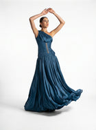 Layali Turquoise One Shoulder Ruched Embellished Couture Gown
