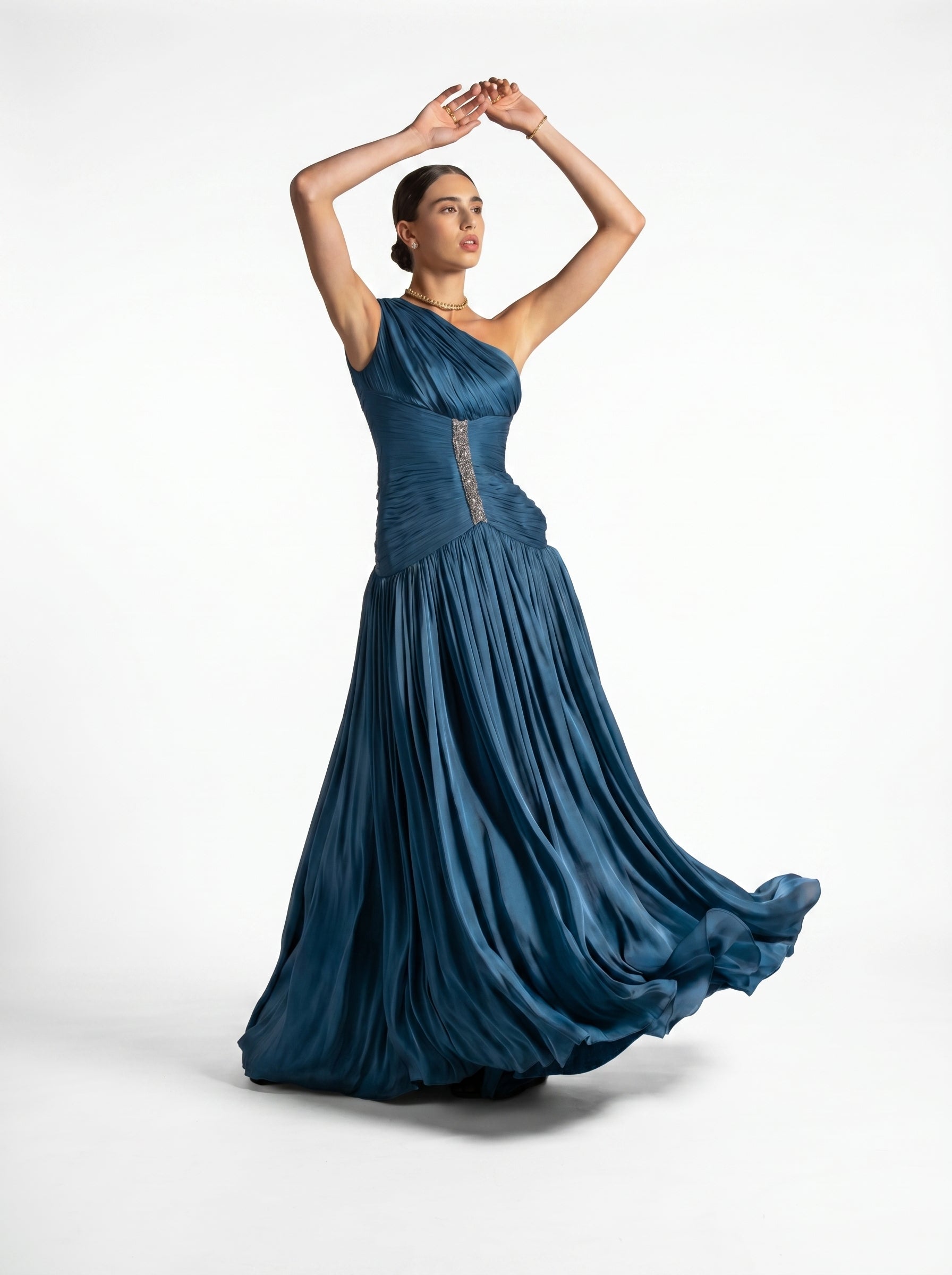 Layali Turquoise One Shoulder Ruched Embellished Couture Gown