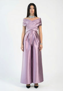 Nadia Lilac Satin Off Shoulder Draped Wide Leg Jumpsuit by MOOEi — Luxury Evening Wear Dubai