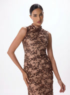 Sultana Chocolate Sequin Lace Column Gown with Cape