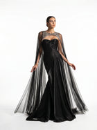 Neriah Black Sweetheart Embellished Sheer Tulle Cape Couture Gown