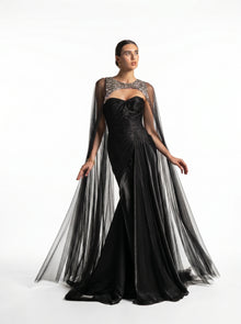 Neriah Black Sweetheart Embellished Sheer Tulle Cape Couture Gown