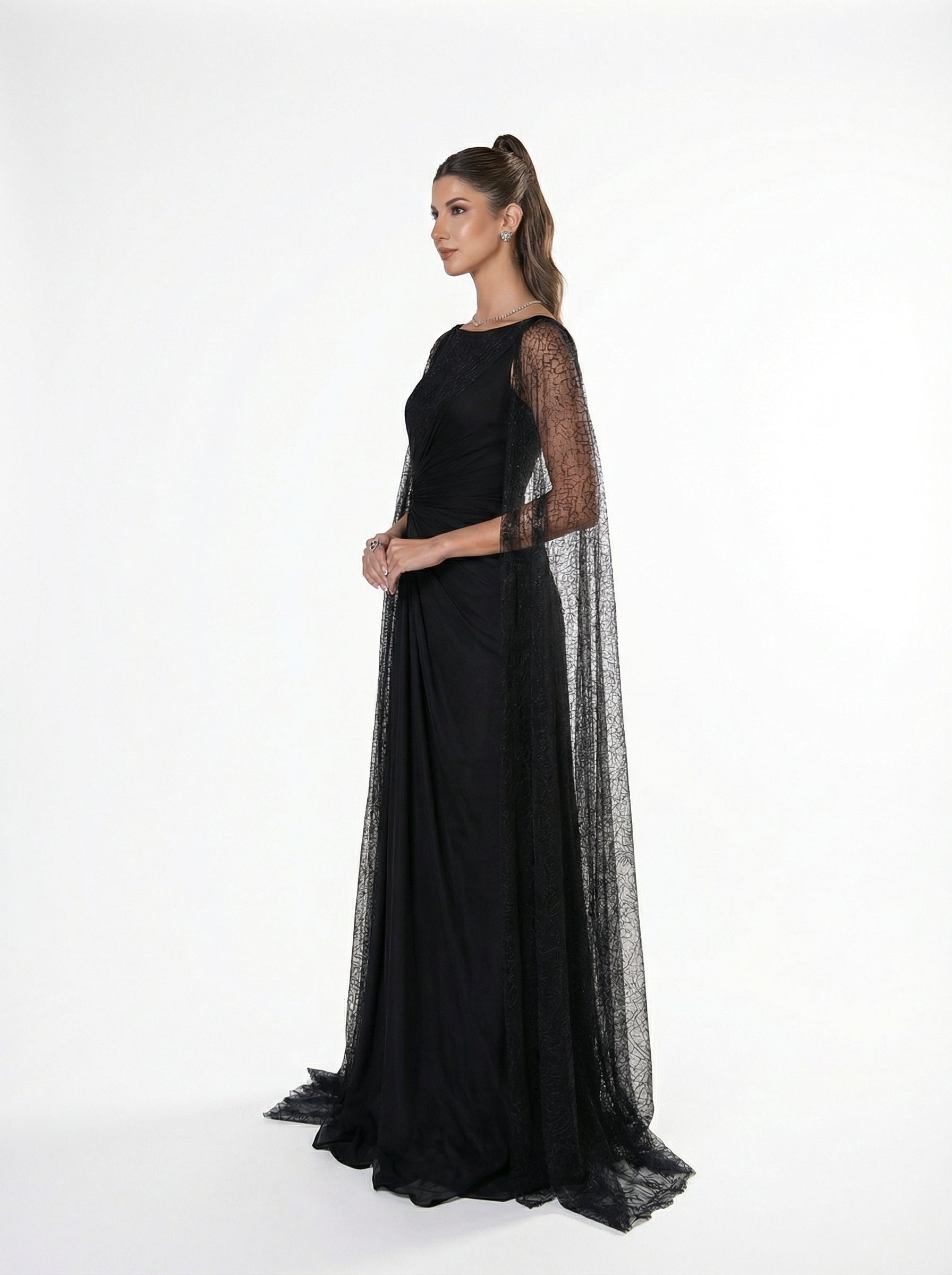 Eleganza Black Satin Bodice Gown detail by MOOEi — Luxury Evening Wear Dubai