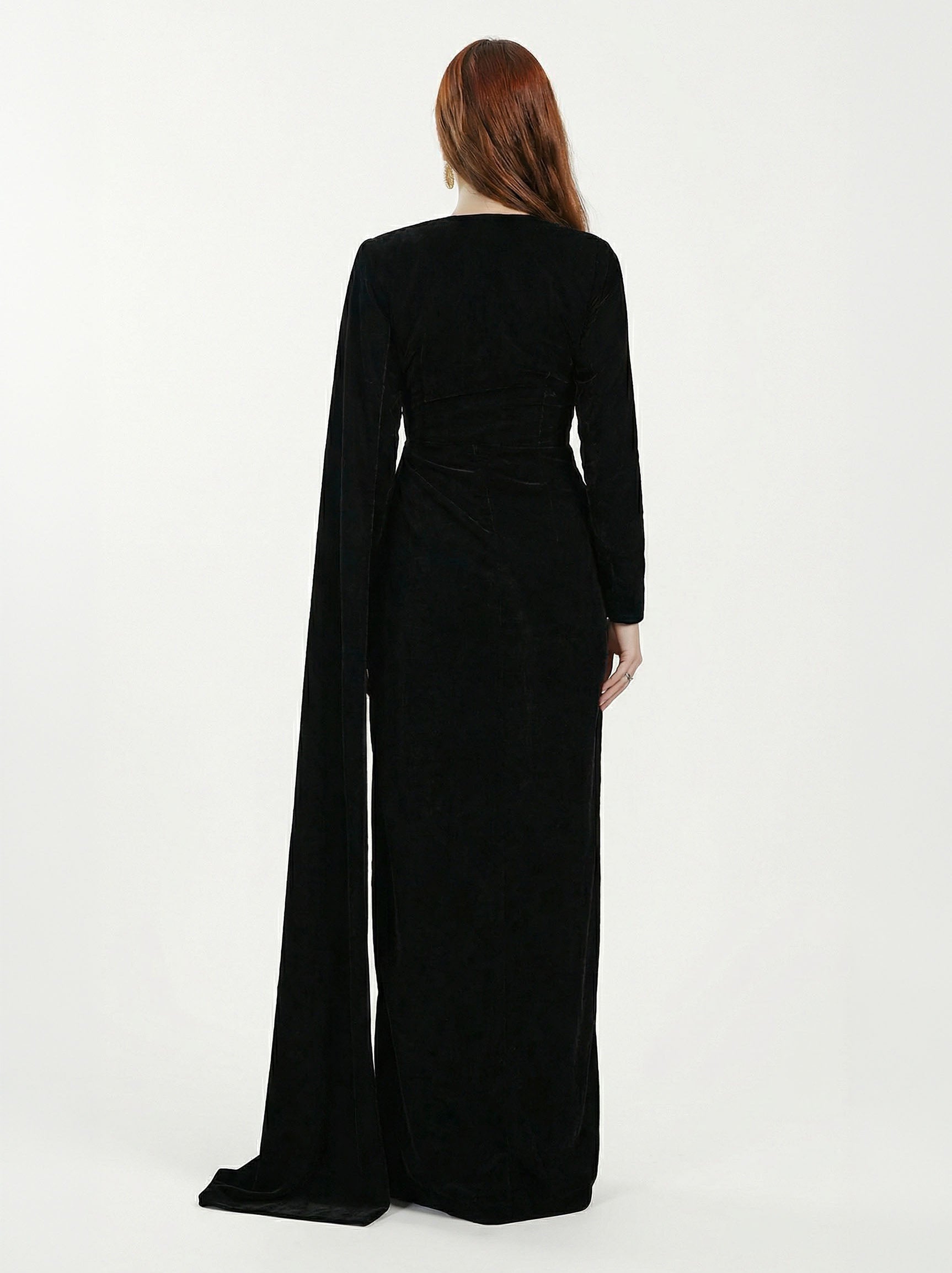 Nia Black Velvet Evening Gown side view by MOOEi — Luxury Evening Wear Dubai