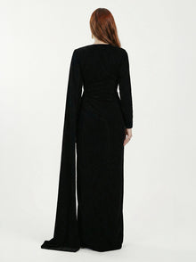 Nia Black Velvet Evening Gown side view by MOOEi — Luxury Evening Wear Dubai
