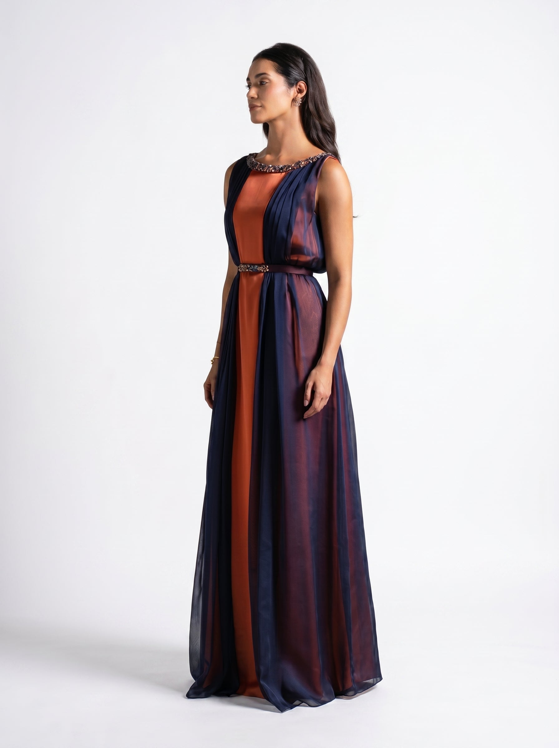 Irene Navy Blue Tangerine Chiffon Satin Gown