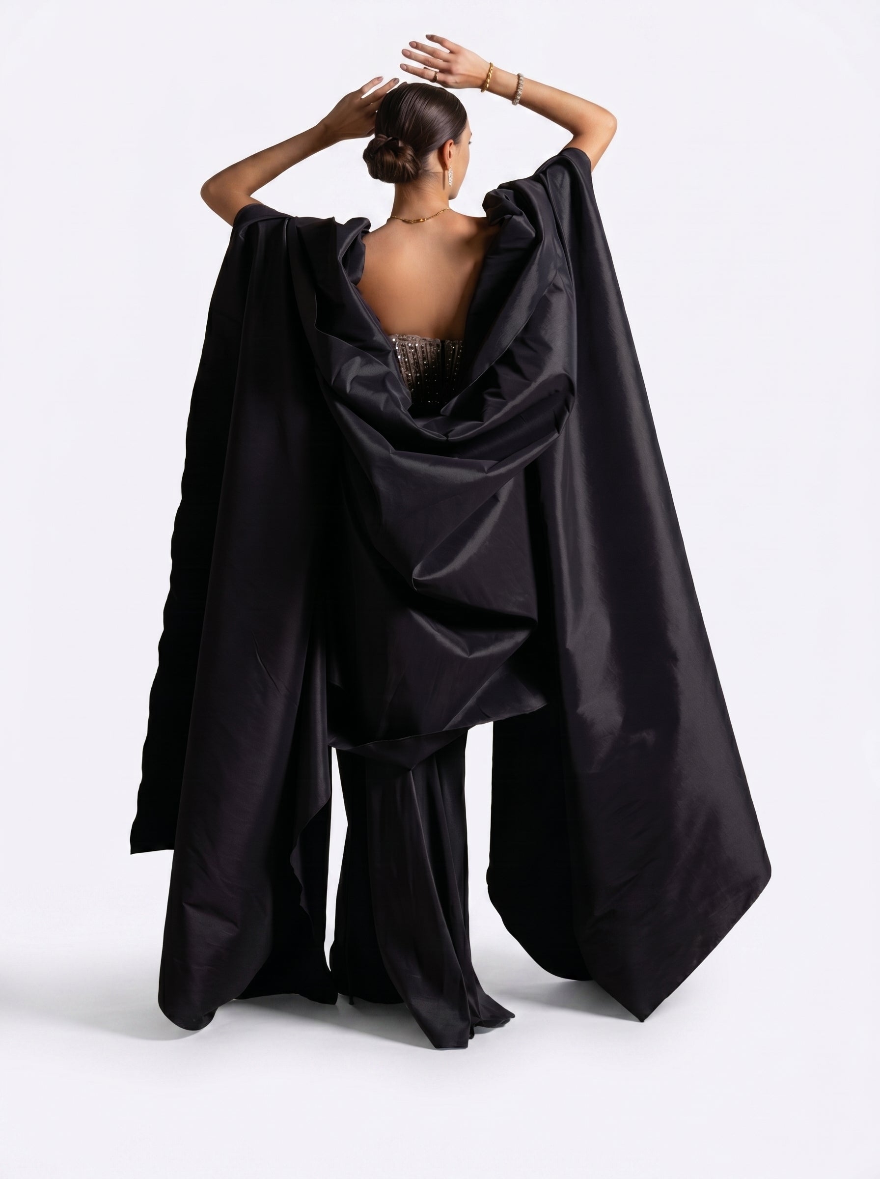 Marguerite Black Beaded Corset Bodice Draped Skirt Couture Gown