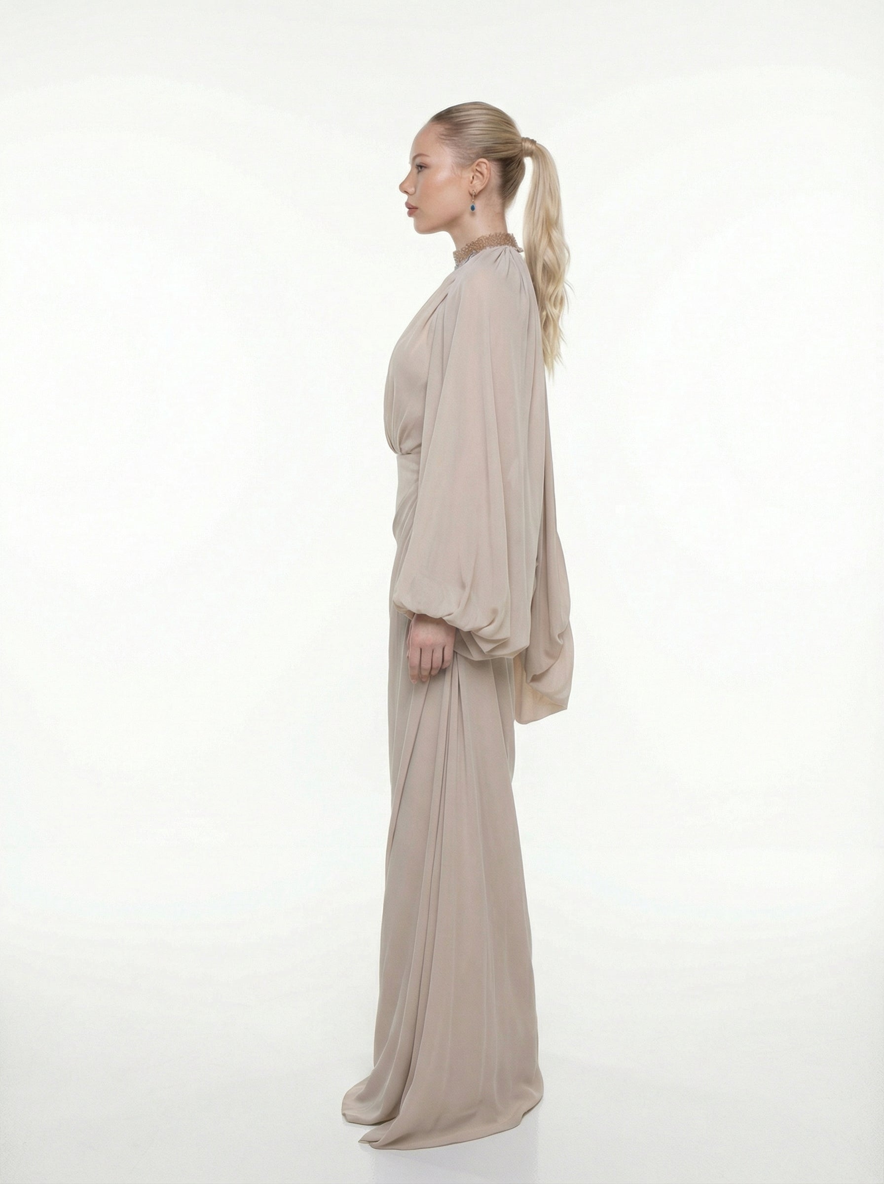 Elora Beige Embellished Gown detail by MOOEi — Luxury Evening Wear Dubai