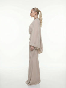 Elora Beige Embellished Gown detail by MOOEi — Luxury Evening Wear Dubai