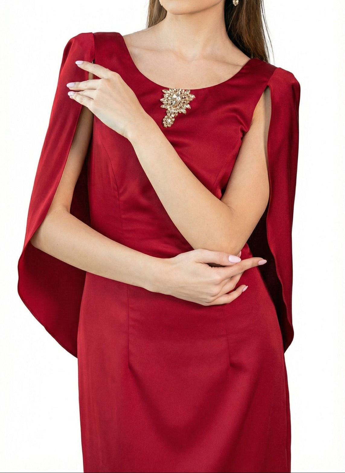 Ananta Red Floor Length Cape Gown back by MOOEi — Luxury Evening Wear Dubai