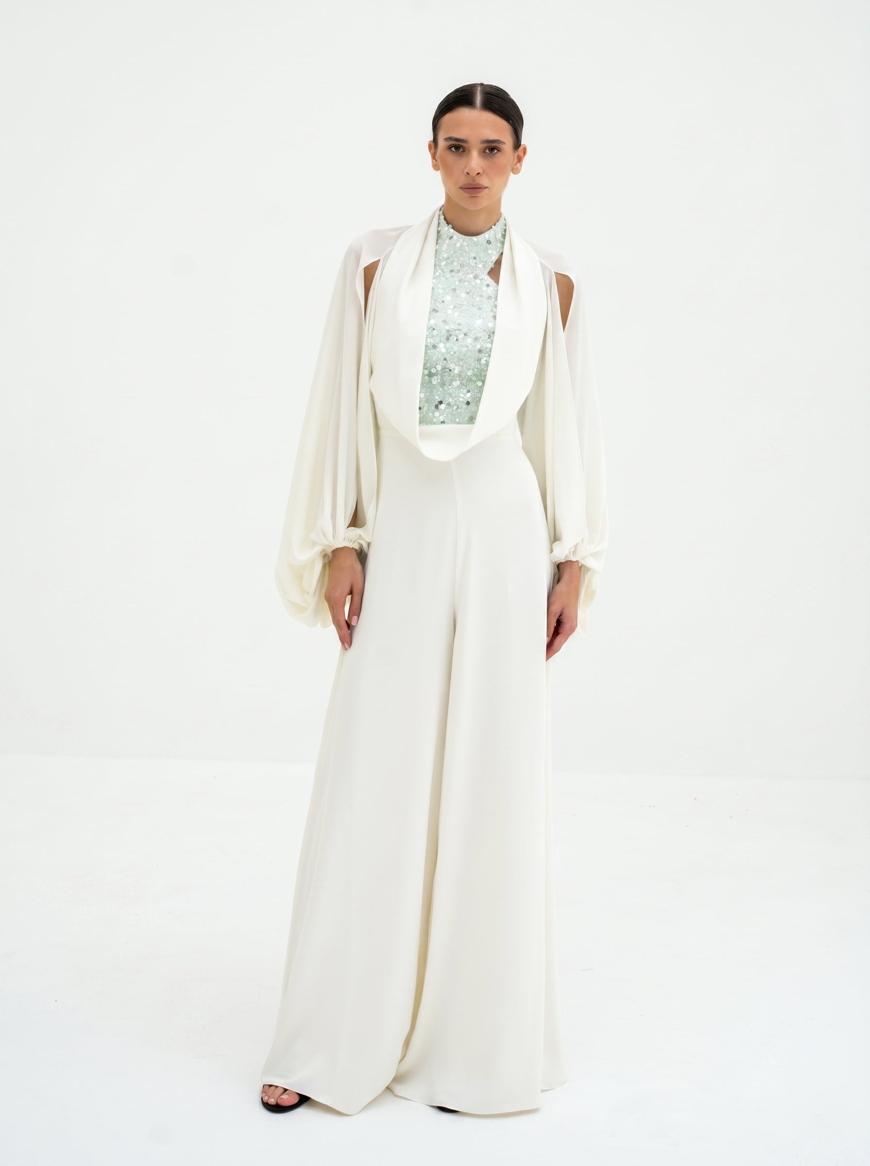 Celestine Ivory Embellished Couture Jumpsuit in Chiffon