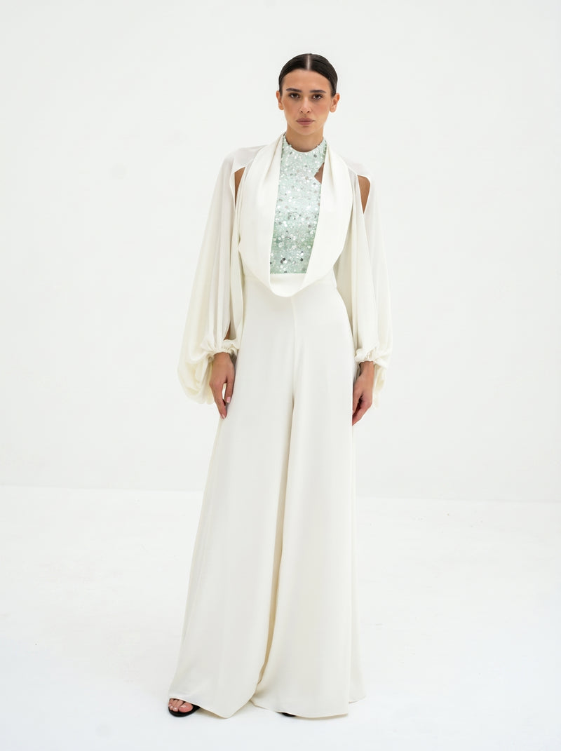 Celestine Ivory Embellished Couture Jumpsuit in Chiffon