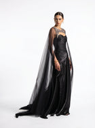 Neriah Black Sweetheart Embellished Sheer Tulle Cape Couture Gown