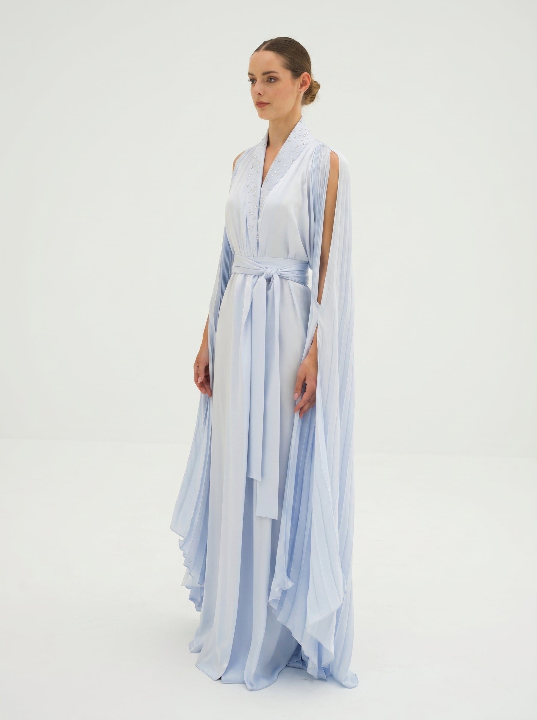Andrea Ice Blue Pleated Crepe Dress
