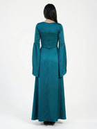Solana Teal Satin Rhinestone V Neck Gown side view by MOOEi — Luxury Evening Wear Dubai