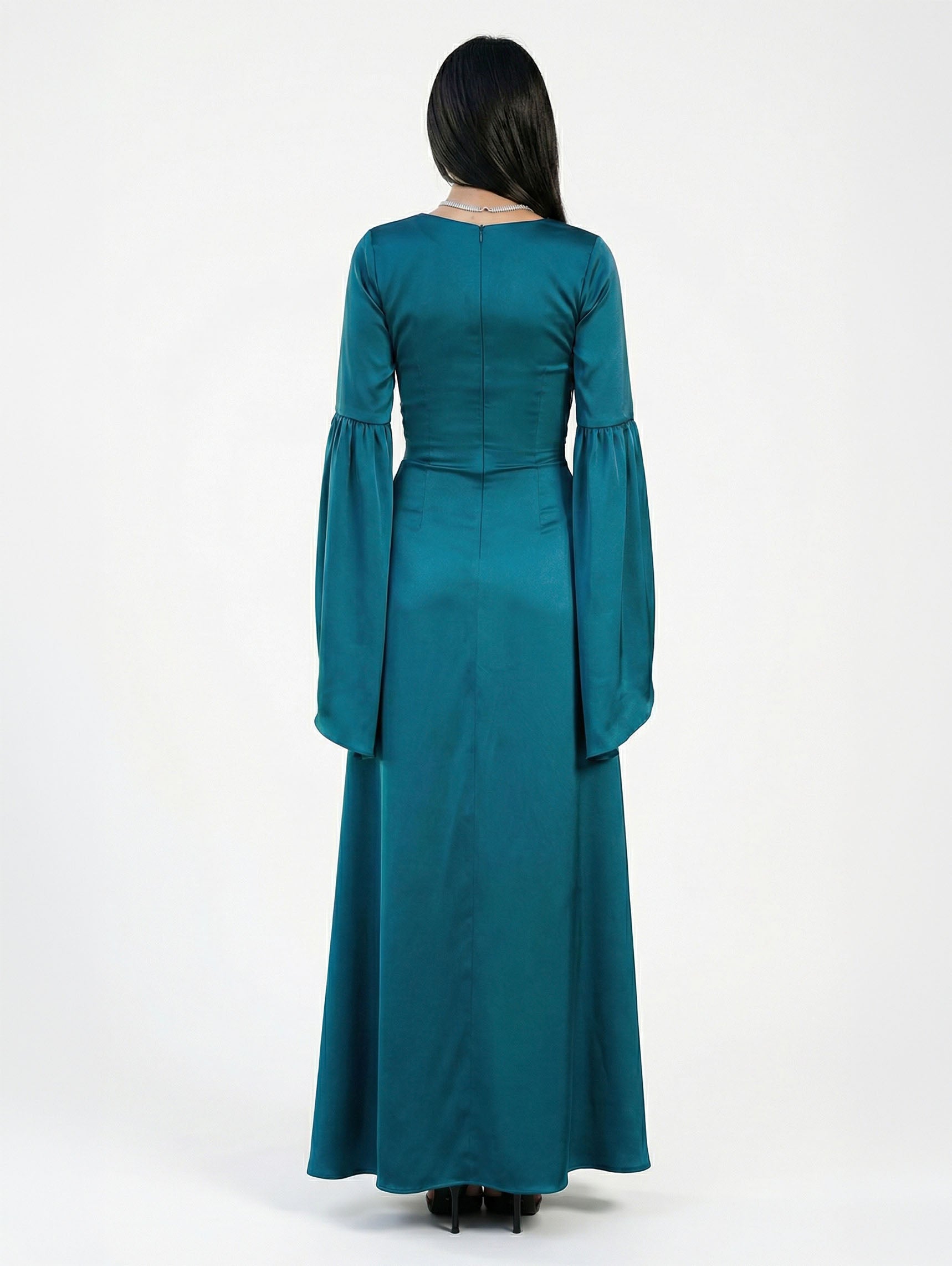 Solana Teal Satin Rhinestone V Neck Gown side view by MOOEi — Luxury Evening Wear Dubai