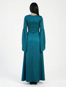 Solana Teal Satin Rhinestone V Neck Gown side view by MOOEi — Luxury Evening Wear Dubai