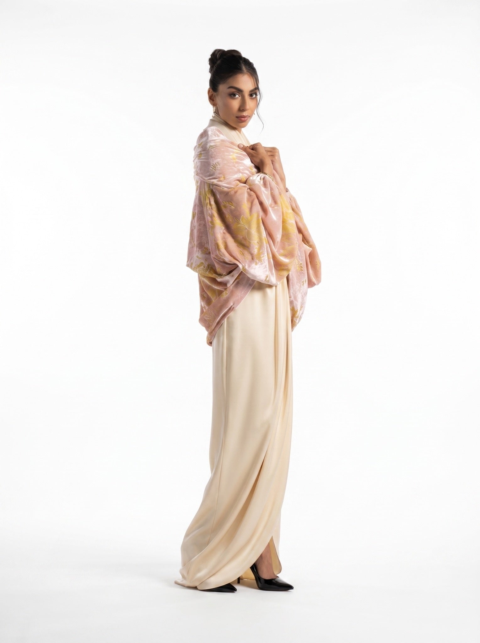 Selene Beige Satin Column Draped Overlay Gown Set