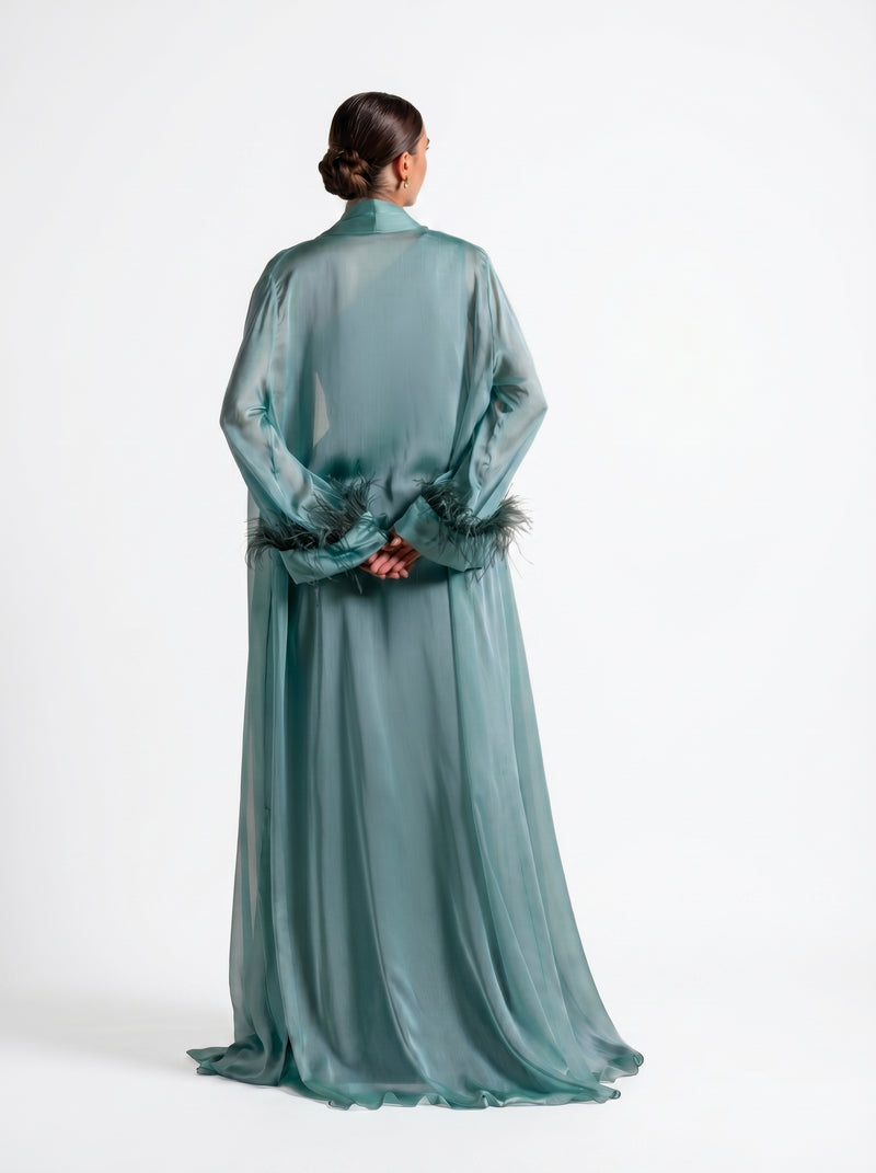Blanche Emerald Green One Shoulder Gown side view by MOOEi — Luxury Evening Wear Dubai