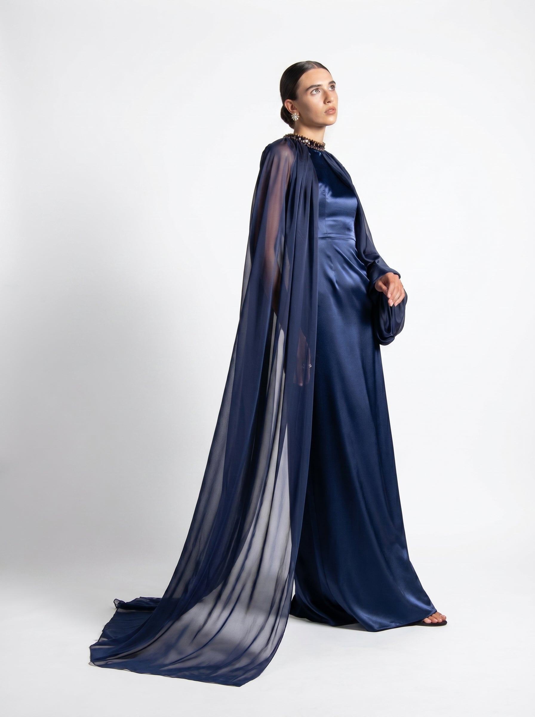 Daryan Royal Blue Satin Chiffon Cape Gown