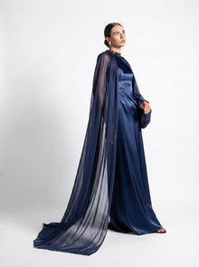 Daryan Royal Blue Satin Chiffon Cape Gown