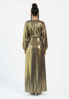 Hera Metallic Gold Chiffon Pleated Gown side view by MOOEi — Luxury Evening Wear Dubai