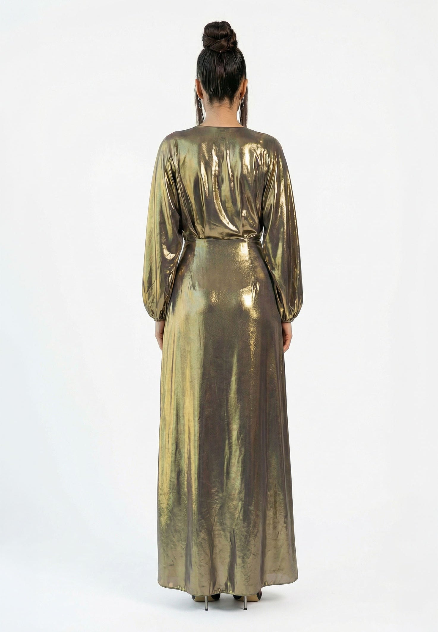 Hera Metallic Gold Chiffon Pleated Gown side view by MOOEi — Luxury Evening Wear Dubai
