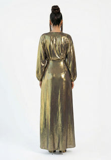 Hera Metallic Gold Chiffon Pleated Gown side view by MOOEi — Luxury Evening Wear Dubai
