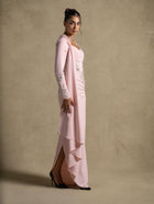 Lady Mooei Dress in delicate pink, featuring ruched detailing and embroidered bodice, perfect for luxury evening occasions.