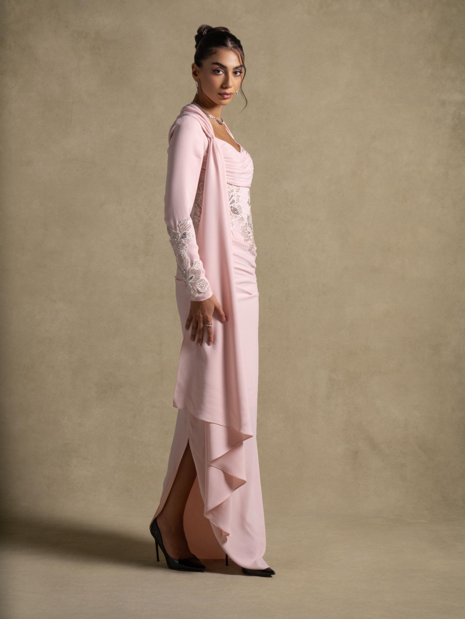 Lady Mooei Dress in delicate pink, featuring ruched detailing and embroidered bodice, perfect for luxury evening occasions.