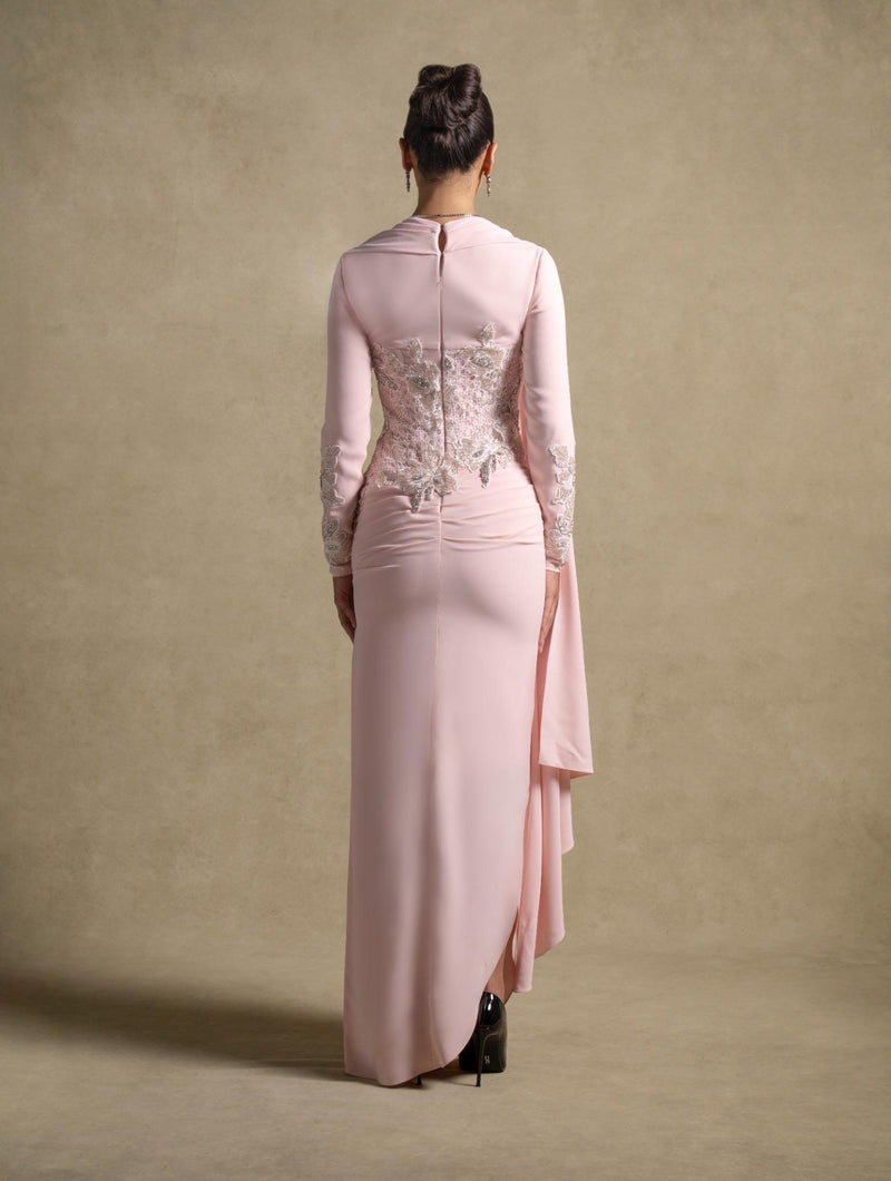 Lady Mooei Dress showcasing the elegant design and intricate embroidery from the Zarina Collection, perfect for luxury evening wear.