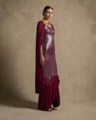 Vionna Dress in deep maroon with metallic bodice and draped jersey panels, perfect for luxury evening wear.