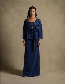 Palatino Set: Denim Blue belted wrap jacket over a sleek maxi dress, perfect for women's luxury evening wear.