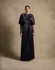 Eterna Set black gown from the Zarina Collection, luxurious satin wrap with lace, perfect for high end fashion evening wear.