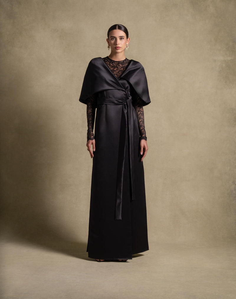 Eterna Set black gown from the Zarina Collection, luxurious satin wrap with lace, perfect for high end fashion evening wear.