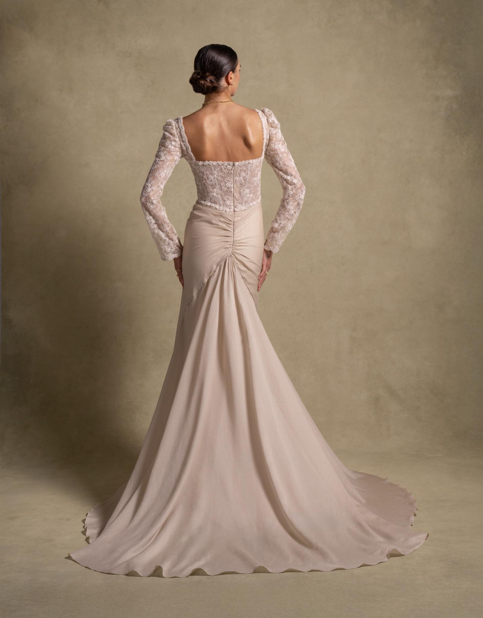 Evania Dress in soft Beige, featuring a fitted lace bodice and a draped chiffon skirt, ideal for luxury evening wear.