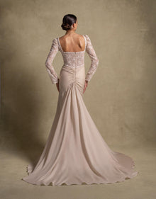 Evania Dress in soft Beige, featuring a fitted lace bodice and a draped chiffon skirt, ideal for luxury evening wear.