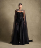 Neriah Set, luxury black gown with sweetheart neckline and sheer tulle cape, high end fashion evening wear for women.