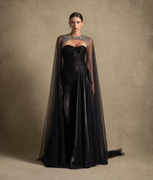Neriah Set, luxury black gown with sweetheart neckline and sheer tulle cape, high end fashion evening wear for women.