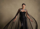 Neriah Set couture black gown with tulle cape and sweetheart neckline, perfect for luxury evening wear.