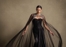 Neriah Set couture black gown with tulle cape and sweetheart neckline, perfect for luxury evening wear.