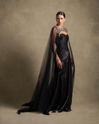 Neriah Set, a luxury black gown with sweetheart neckline and tulle cape, perfect for evening wear and high-end fashion.