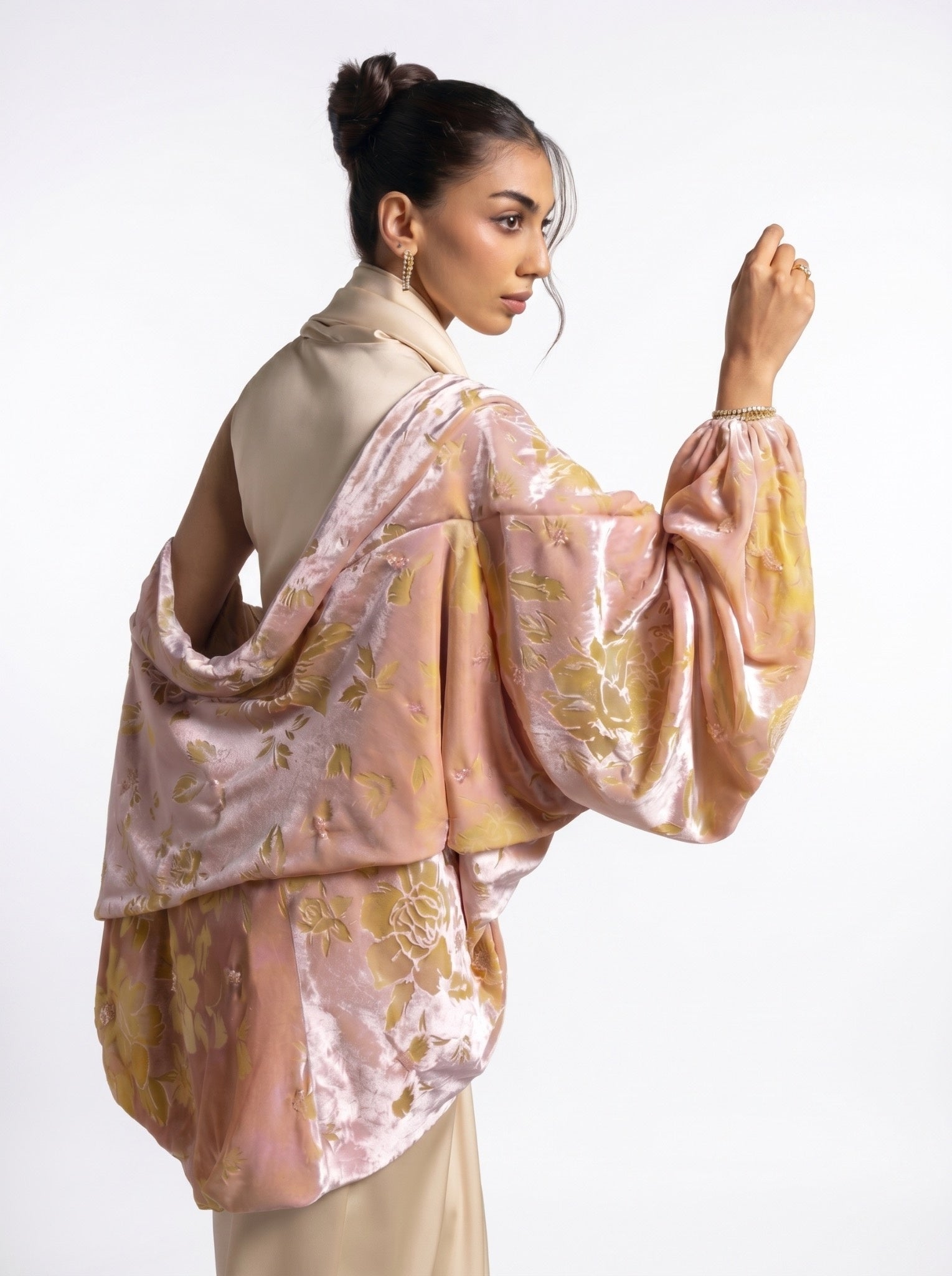 Selene Beige Satin Column Draped Overlay Gown Set