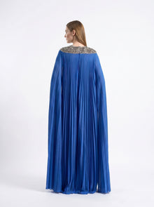 Eleanor Royal Blue Pleated Crystal Embellished Cape Gown
