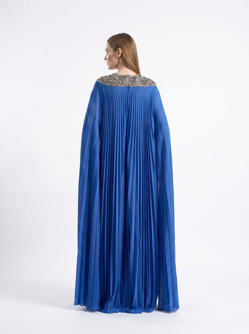 Eleanor Royal Blue Pleated Crystal Embellished Cape Gown