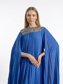 Eleanor Royal Blue Pleated Crystal Embellished Cape Gown