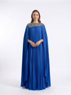 Eleanor Royal Blue Pleated Crystal Embellished Cape Gown