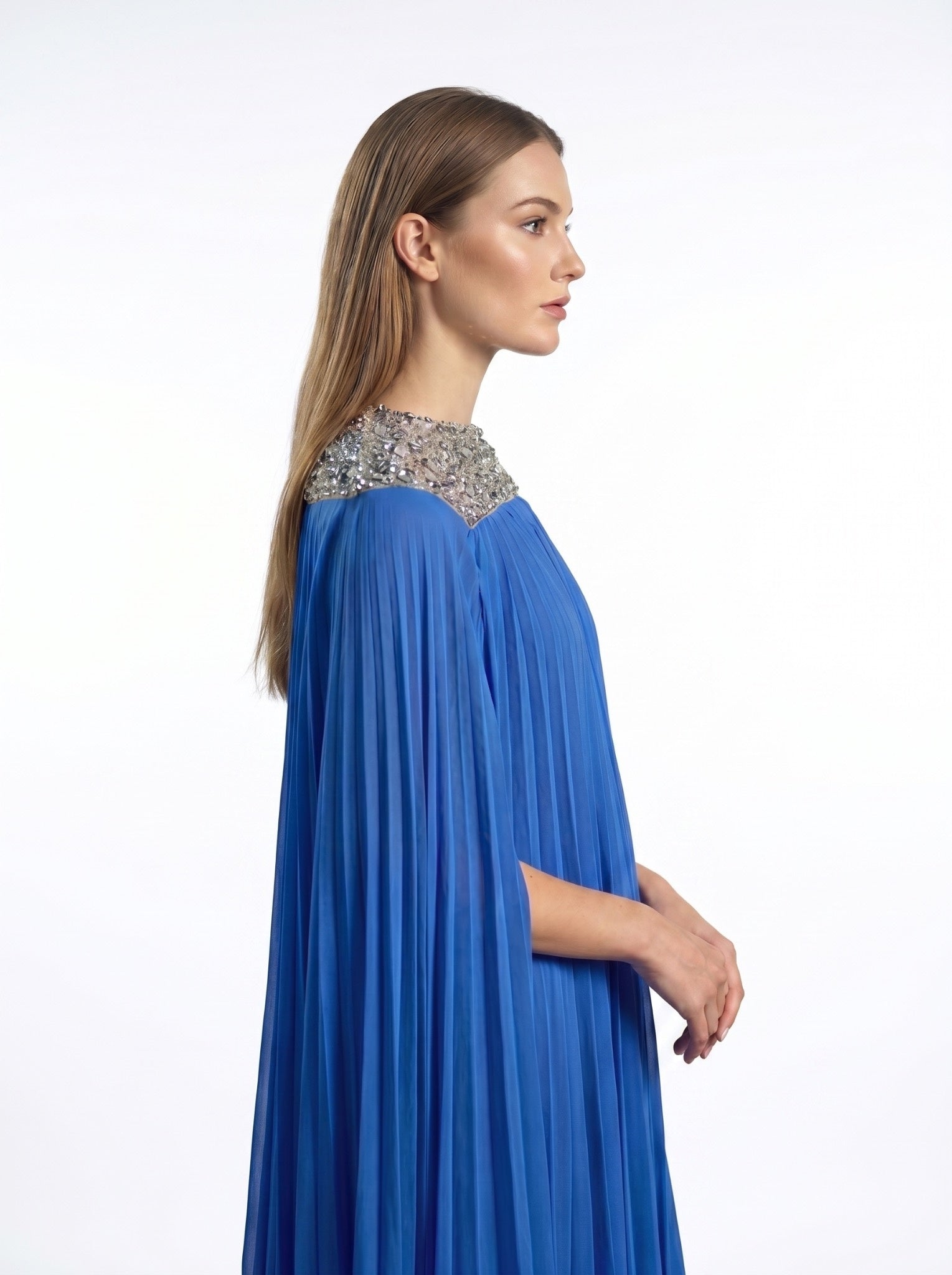Eleanor Royal Blue Pleated Crystal Embellished Cape Gown